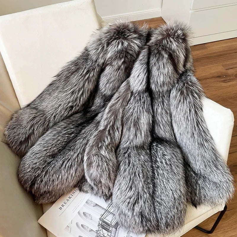 Real  Natural Silver Fox Fur Coat Highend Quality Genuine  Women Winter Luxury Female Jacket Long Sleeve