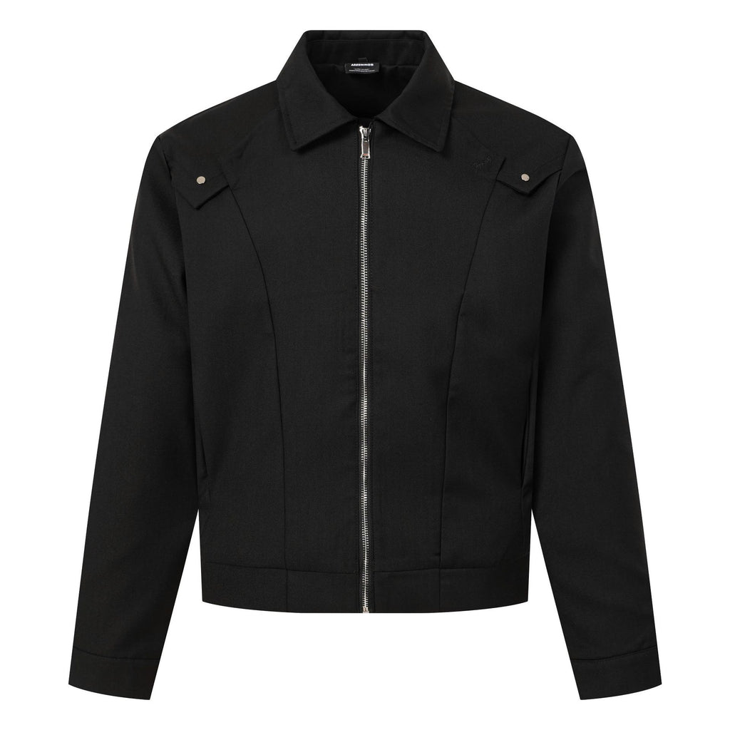 Men's Workwear Zipper Jacket with Lapel Shoulder Rivet Detail, Panel Seams