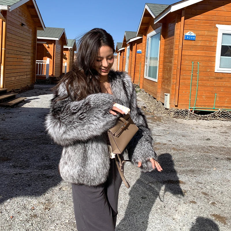 Real  Natural Silver Fox Fur Coat Highend Quality Genuine  Women Winter Luxury Female Jacket Long Sleeve