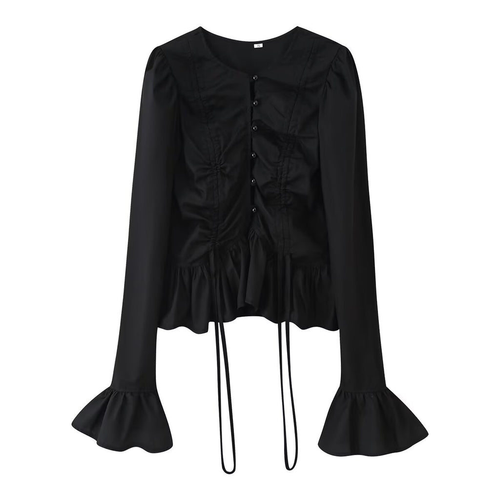 Lotus leaf edge splicing decoration drawstring flared sleeve shirt for women