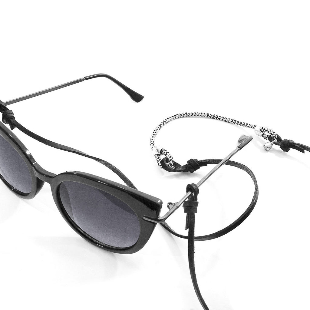 White Noir Conway Silver and Rope Eyewear Strap W/ Coal Black Flat Leather