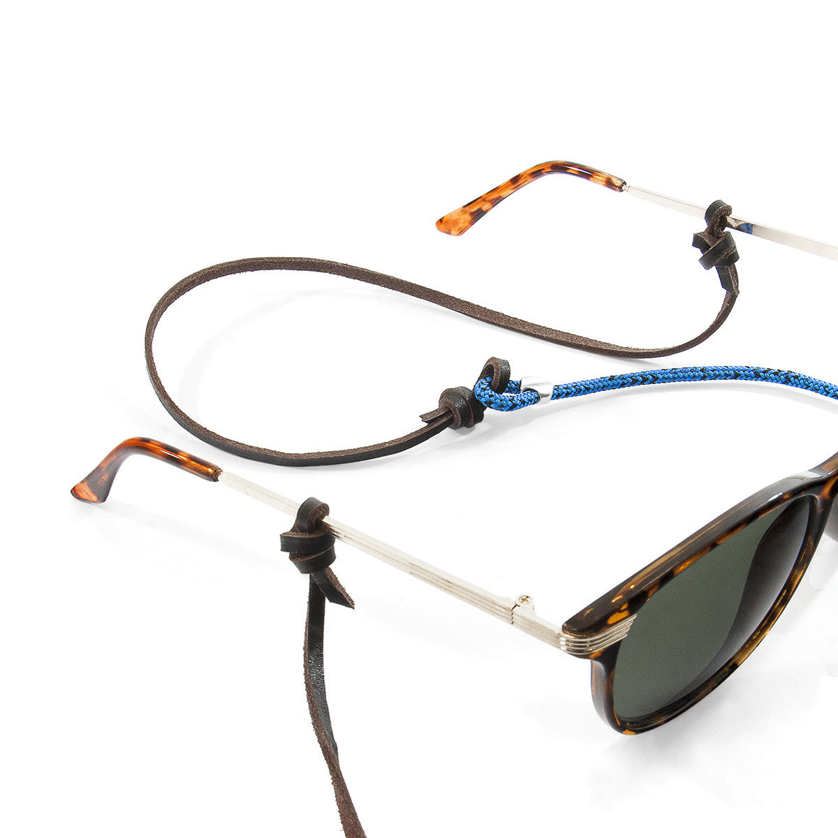 Blue Noir Conway Silver and Rope Eyewear Strap W/ Dark Brown Flat Leather