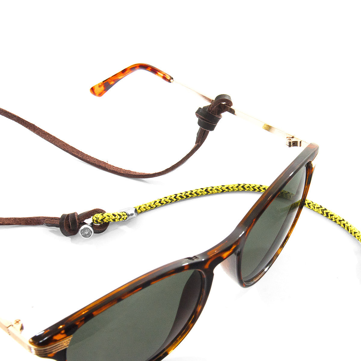 Yellow Noir Conway Silver and Rope Eyewear Strap W/ Dark Brown Flat Leather
