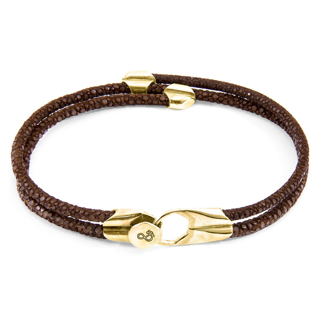 Pulsera Conway en oro amarillo de 9 quilates y piel de raya, color marrón moca
