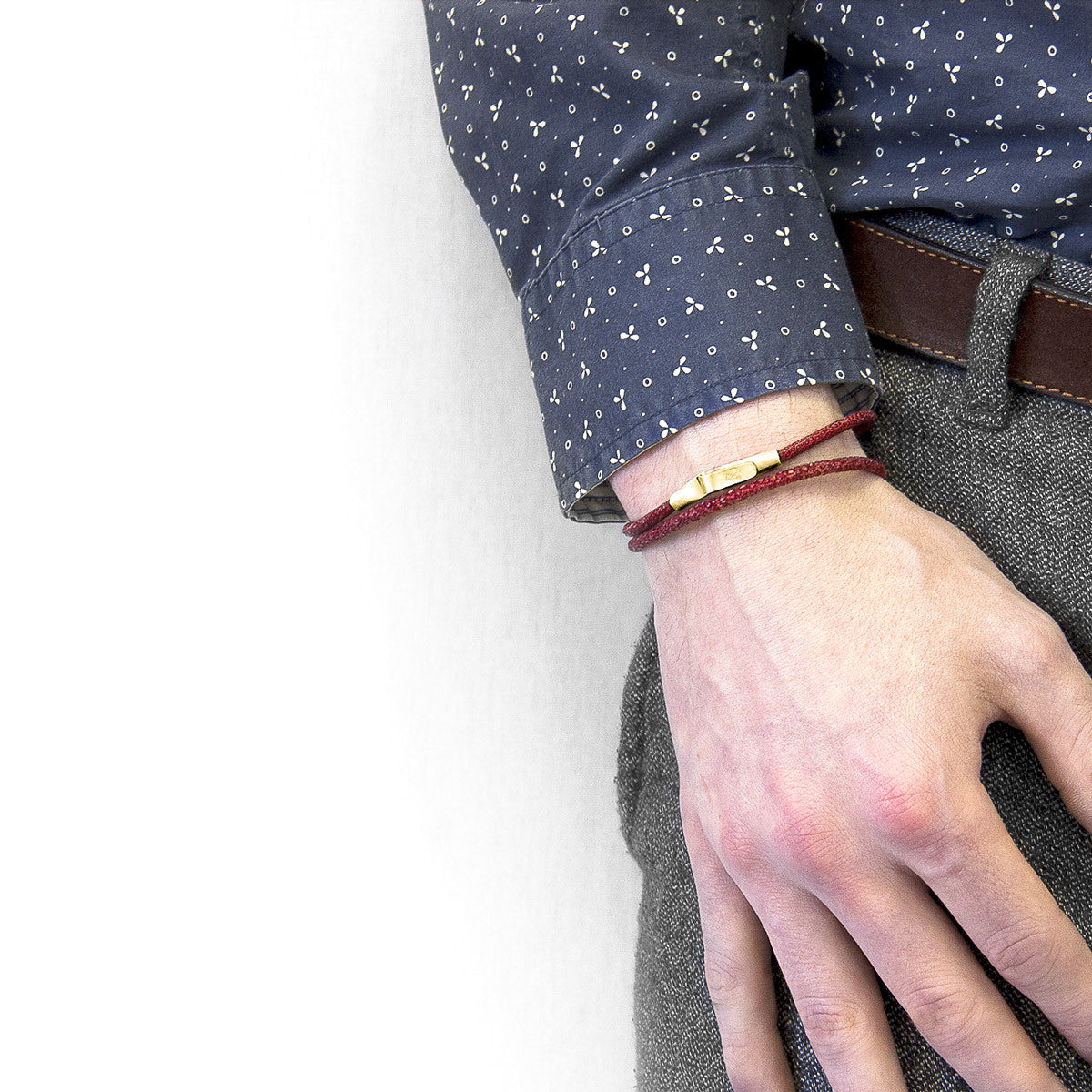 Bordeaux Red Liverpool 9ct Yellow Gold and Stingray Leather Bracelet