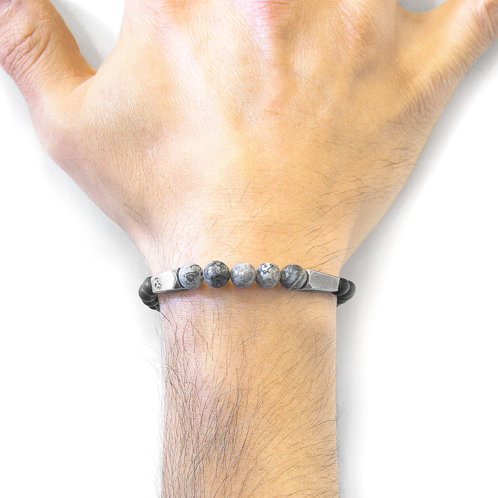 Pulsera de jaspe gris, hukou, plata y piedra