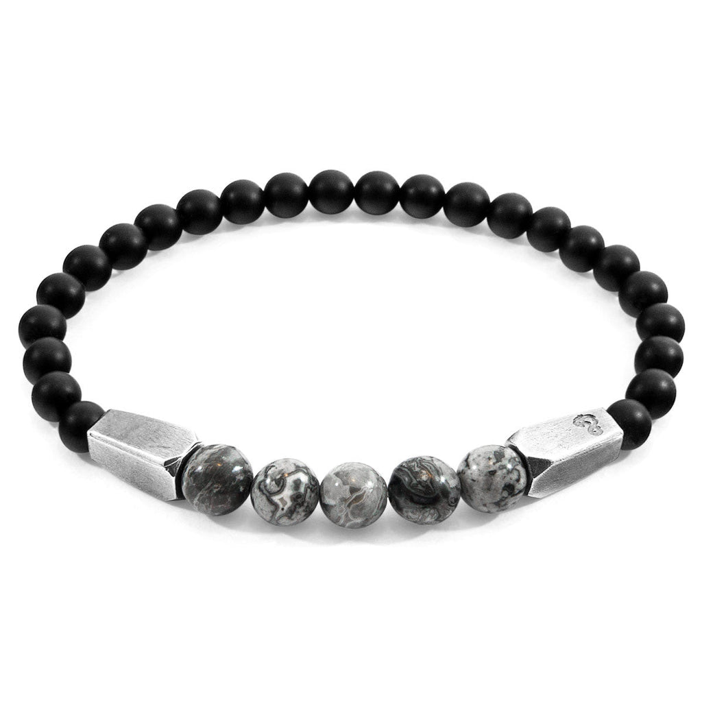 Pulsera de jaspe gris, hukou, plata y piedra