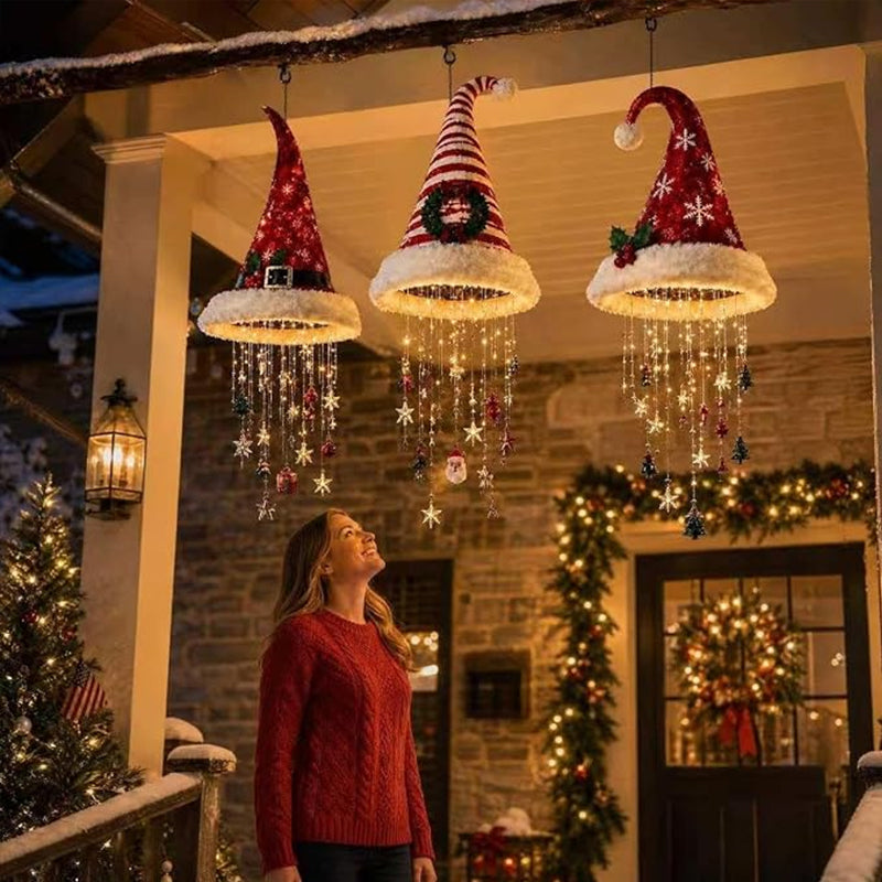 Beleuchteter Weihnachtsmannmützen-Kronleuchter – 3 Stile warme LED-Weihnachtslichterkette mit festlichem Baumschmuck, weihnachtliche Beleuchtungsdekoration