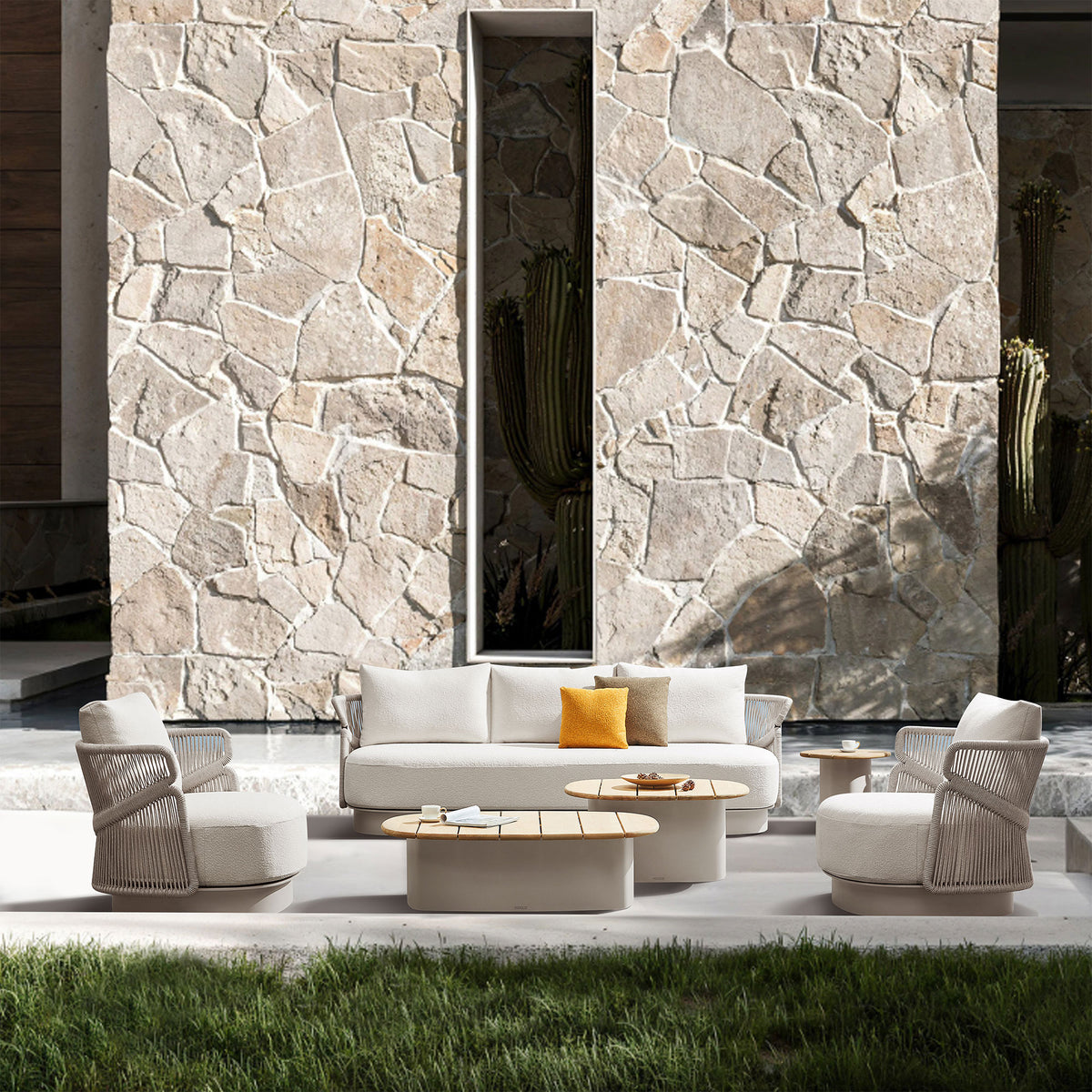 HIGOLD Aio 5-Seater Teak Outdoor Conversation Sofa Set With 8 Inch Thickness Cushions