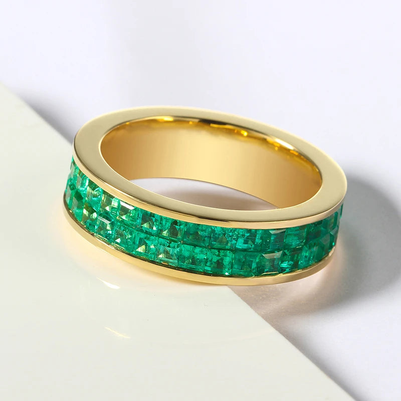 18K Real Gold Band Ring With Genuine Zambian Emerald Stone Classic Style Engagement Wedding Rings for Women Diamond Cut Jewelry