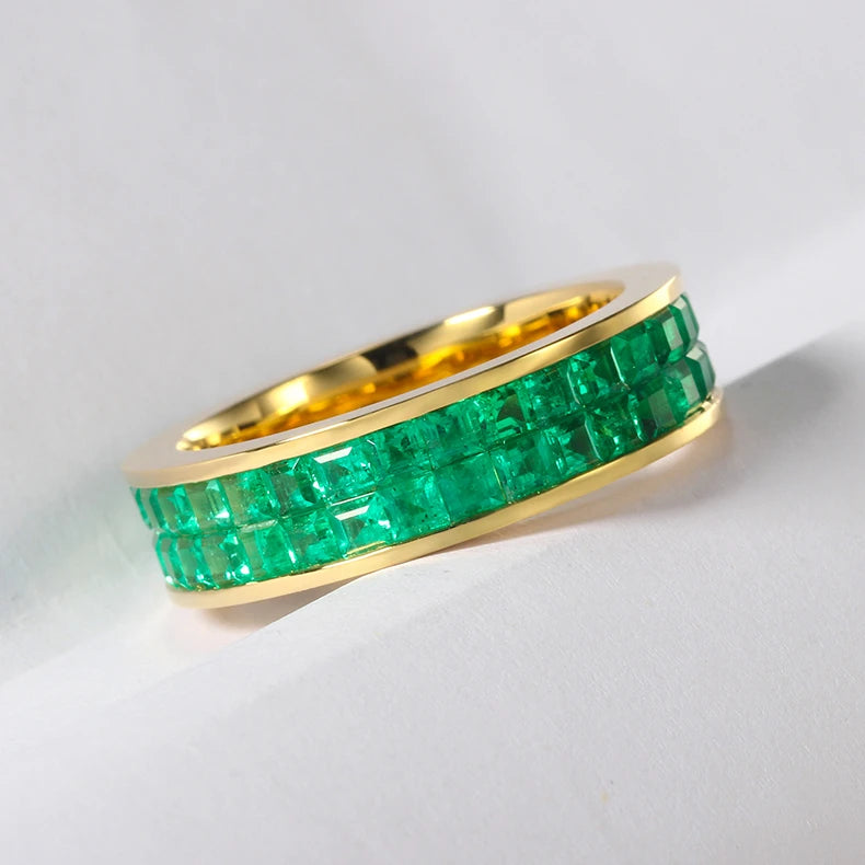 18K Real Gold Band Ring With Genuine Zambian Emerald Stone Classic Style Engagement Wedding Rings for Women Diamond Cut Jewelry
