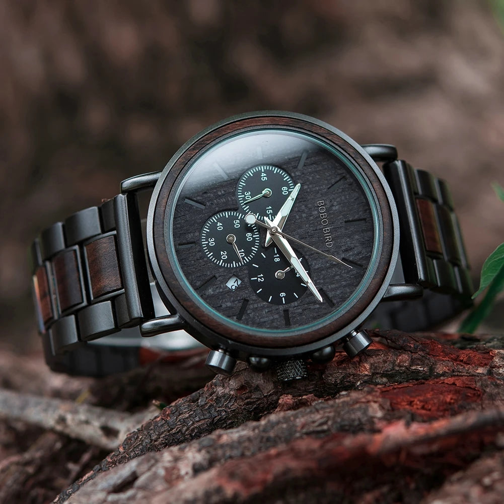 BOBO BIRD Wooden Watch Men's Quartz Wristwatch Military Chronograph Top Fashion Waterproof Clcok Great Gift Box Reloj Hombre