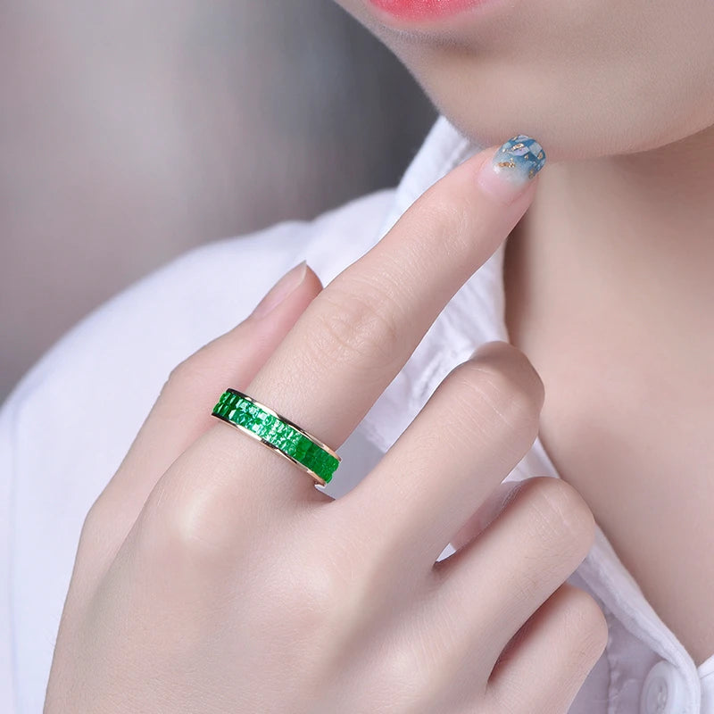 18K Real Gold Band Ring With Genuine Zambian Emerald Stone Classic Style Engagement Wedding Rings for Women Diamond Cut Jewelry