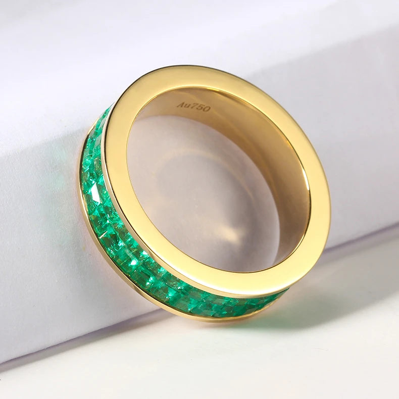 18K Real Gold Band Ring With Genuine Zambian Emerald Stone Classic Style Engagement Wedding Rings for Women Diamond Cut Jewelry