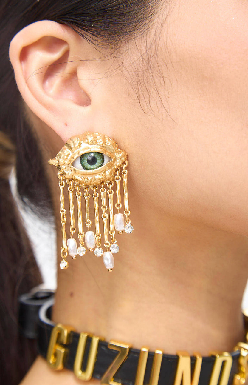 Pendientes de flecos dorados con perla barroca Anata Eye