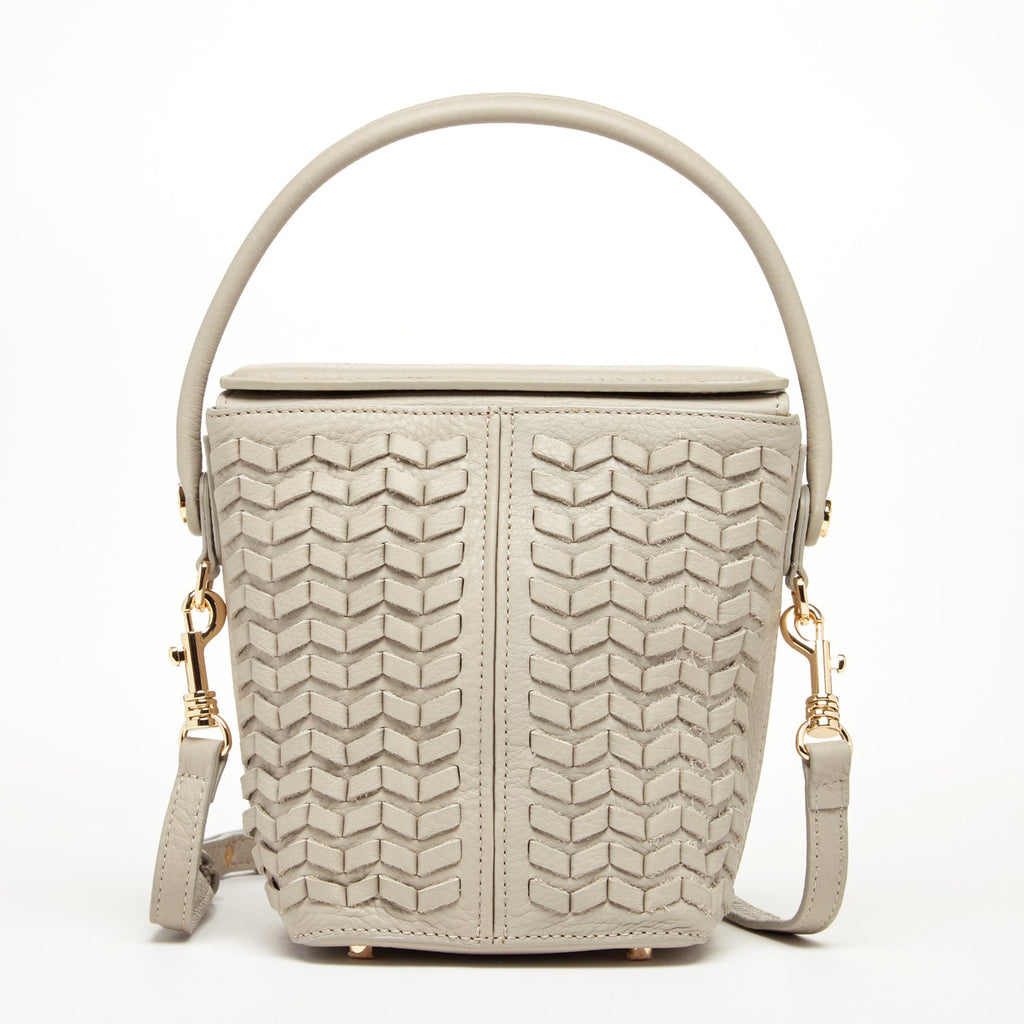 Woven Leather Bucket Bag Quilted Grayish Beige Crossbody Purse Women's Handbag