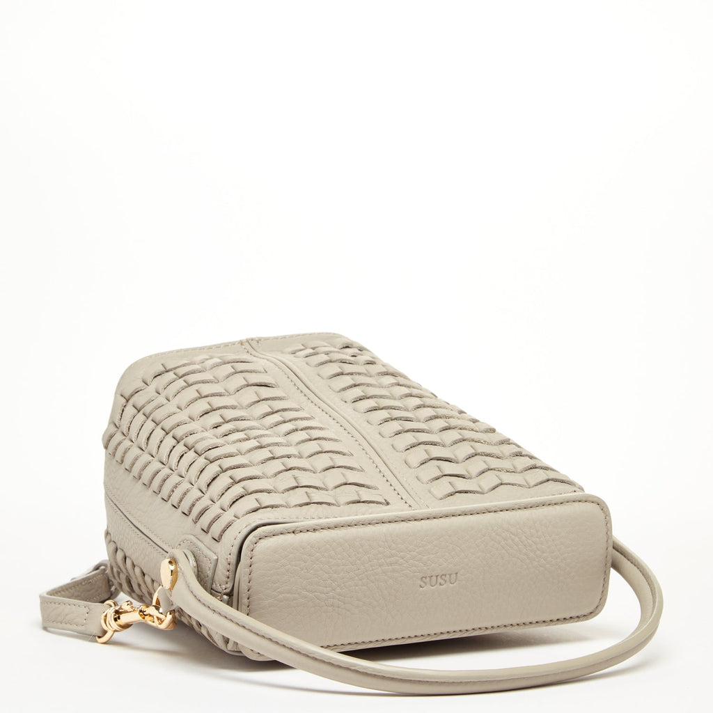 Woven Leather Bucket Bag Quilted Grayish Beige Crossbody Purse Women's Handbag