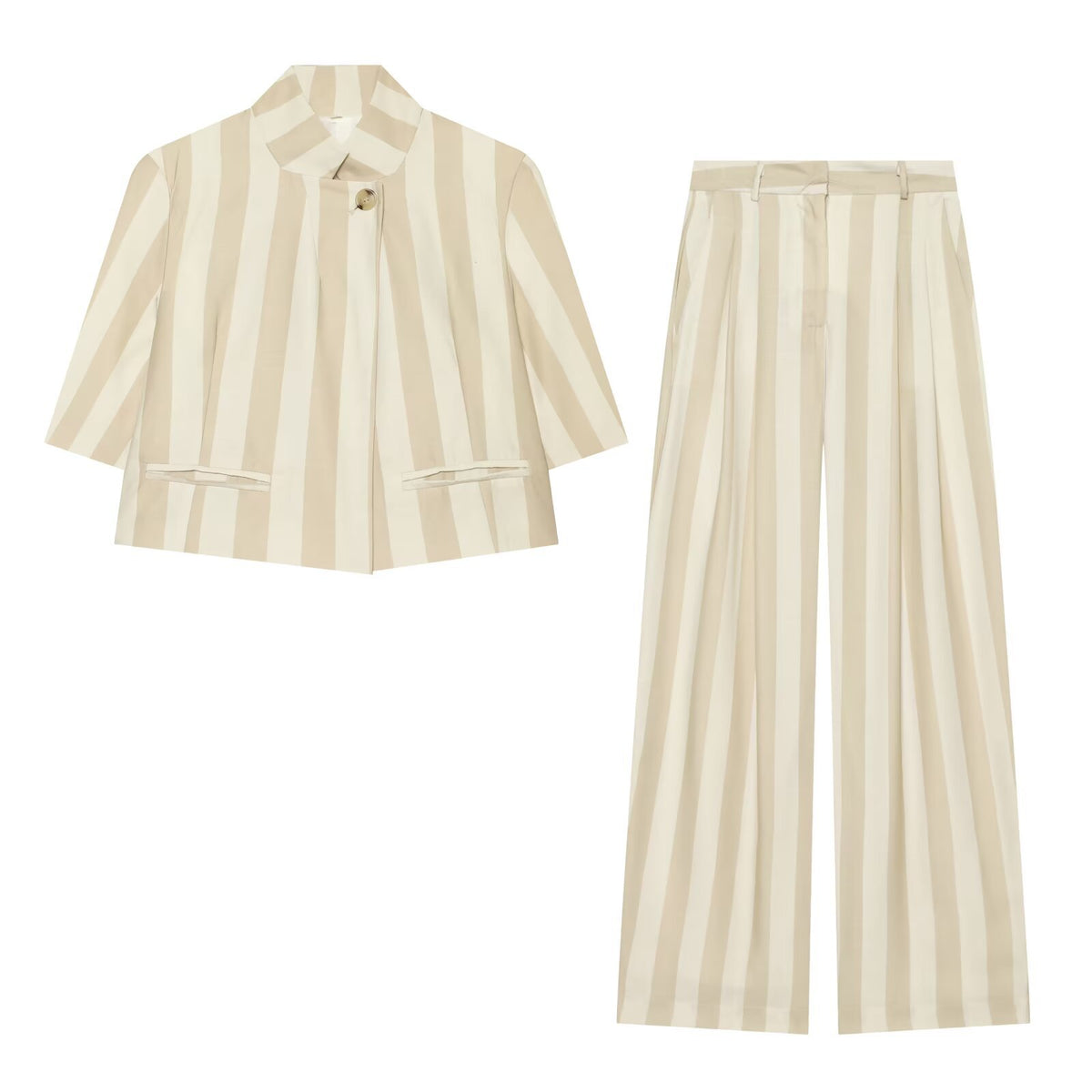 Casual short sleeved stand up collar suit jacket+long pants suit for women