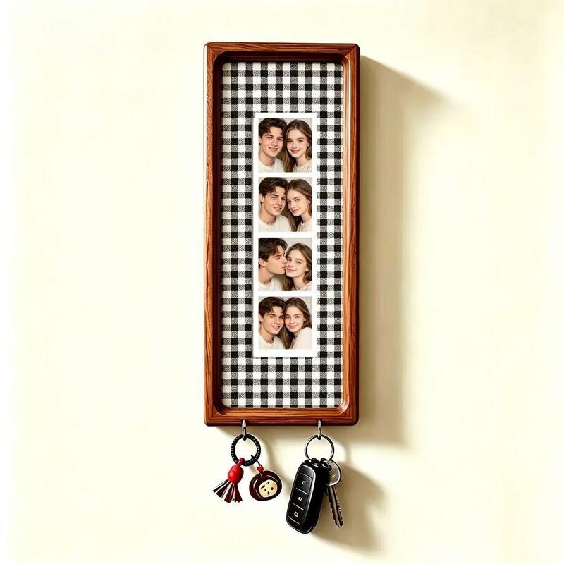 Cadre photo en bois pour couple avec porte-clés – Cadre photo mural, porte-clés à rayures vintage, cadeau d'anniversaire