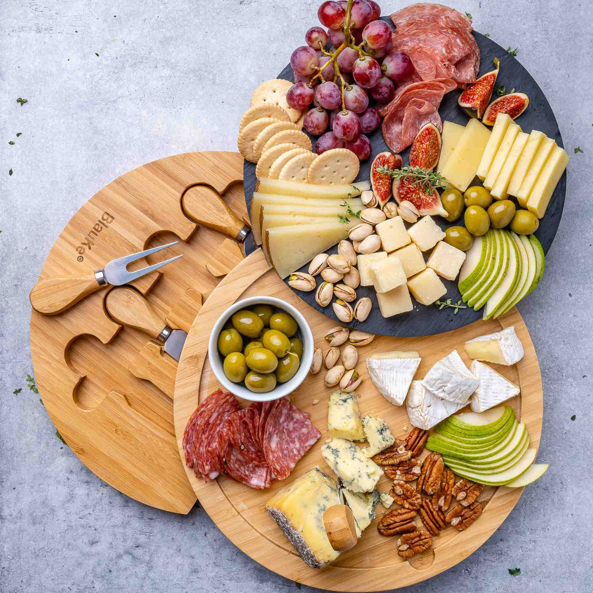 Round Bamboo Cheese Board With Knife Set and Removable Slate - 12 Inch Swiveling Charcuterie Board