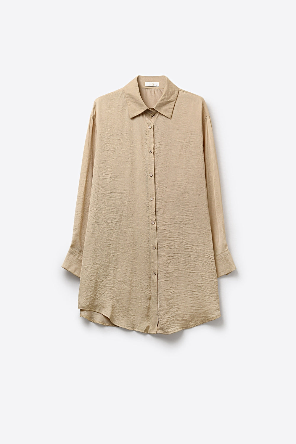 Beige Button-Front Long Sleeve Shirt Dress in Shiny Satin