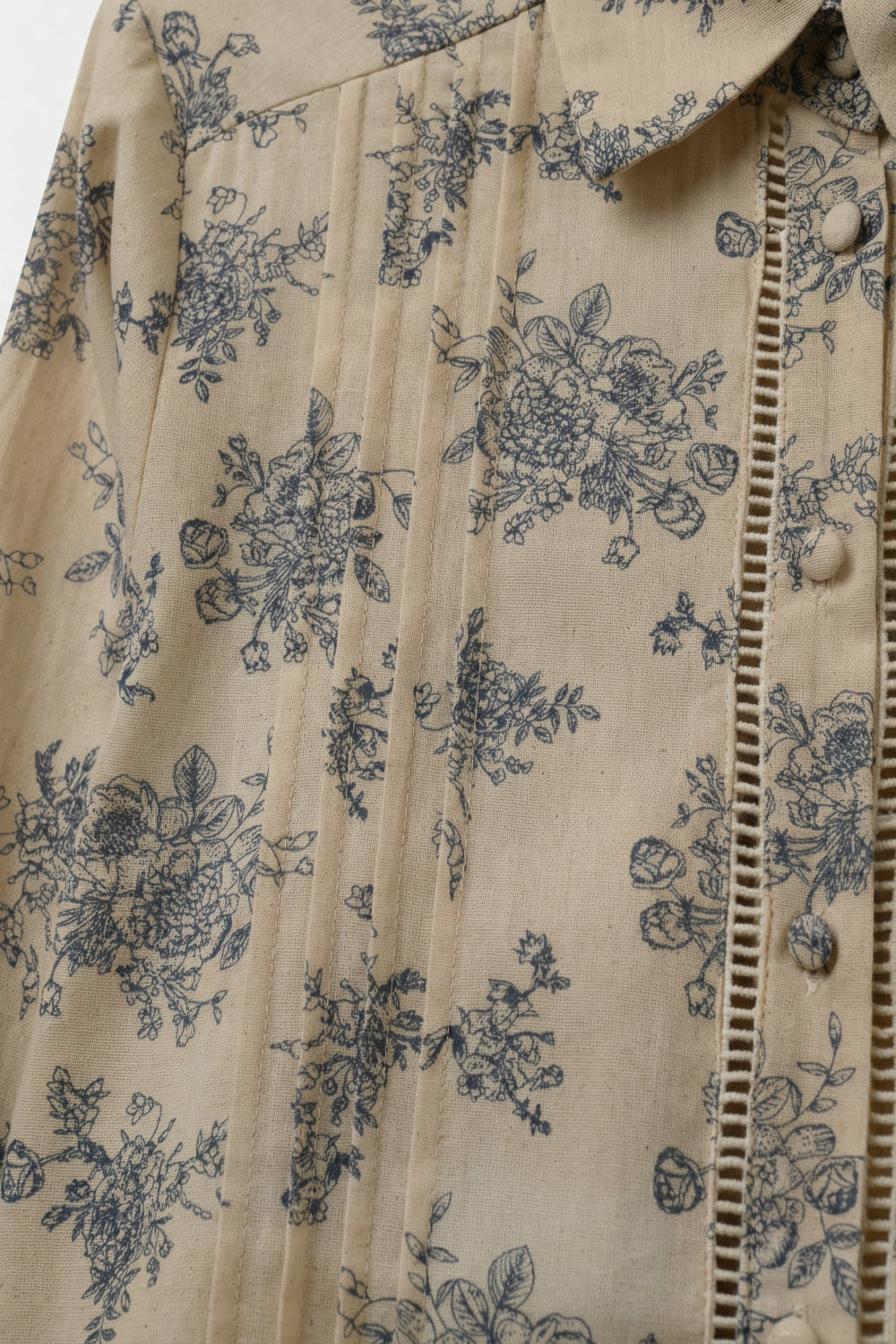 Beige Floral Printed Button-Up Shirt With Chrochet Detail