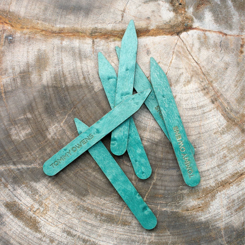 Turquoise Birdseye Maple Collar Stays:  Rare Beauty, Sustainable Choice