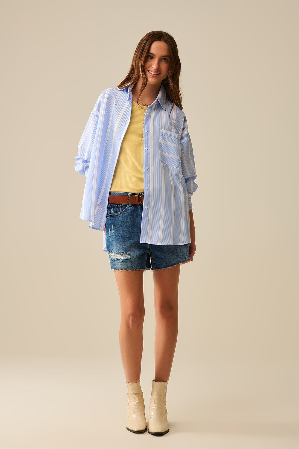 Blue and White Relaxed Fit Striped Shirt Tie at the Back