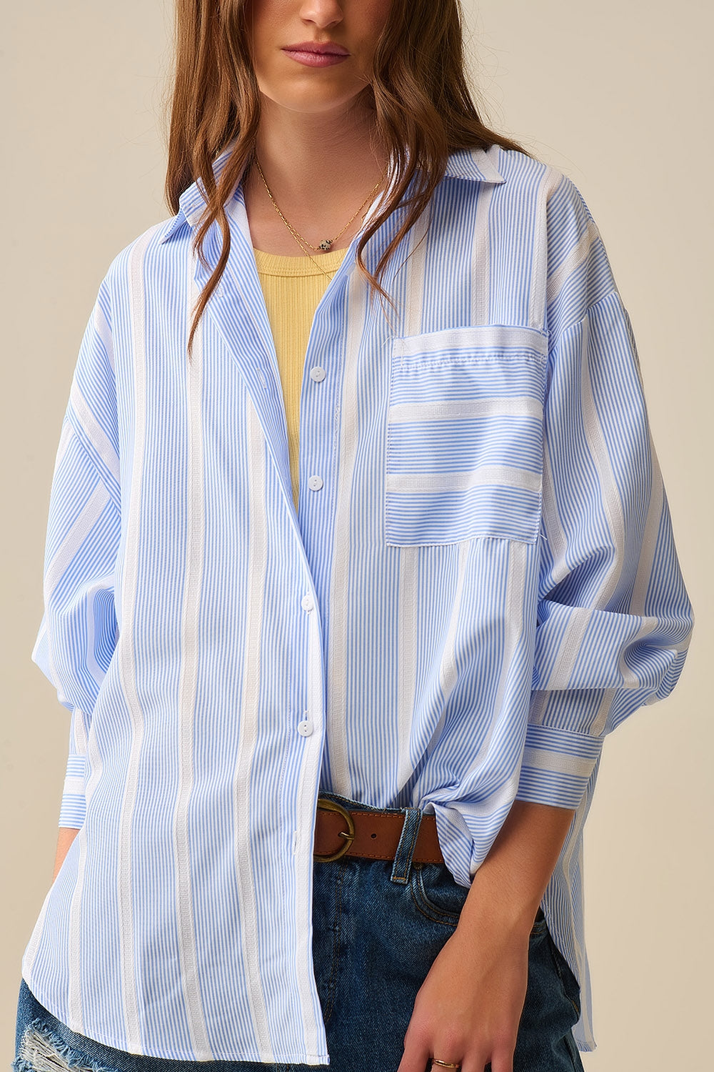 Blue and White Relaxed Fit Striped Shirt Tie at the Back