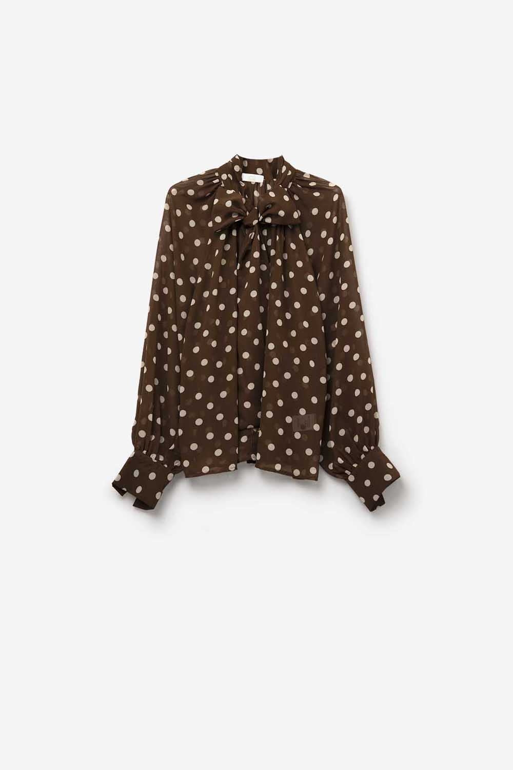 Braunes Polka-Dot-Hemd mit Spitzendetail aus Chiffonstoff