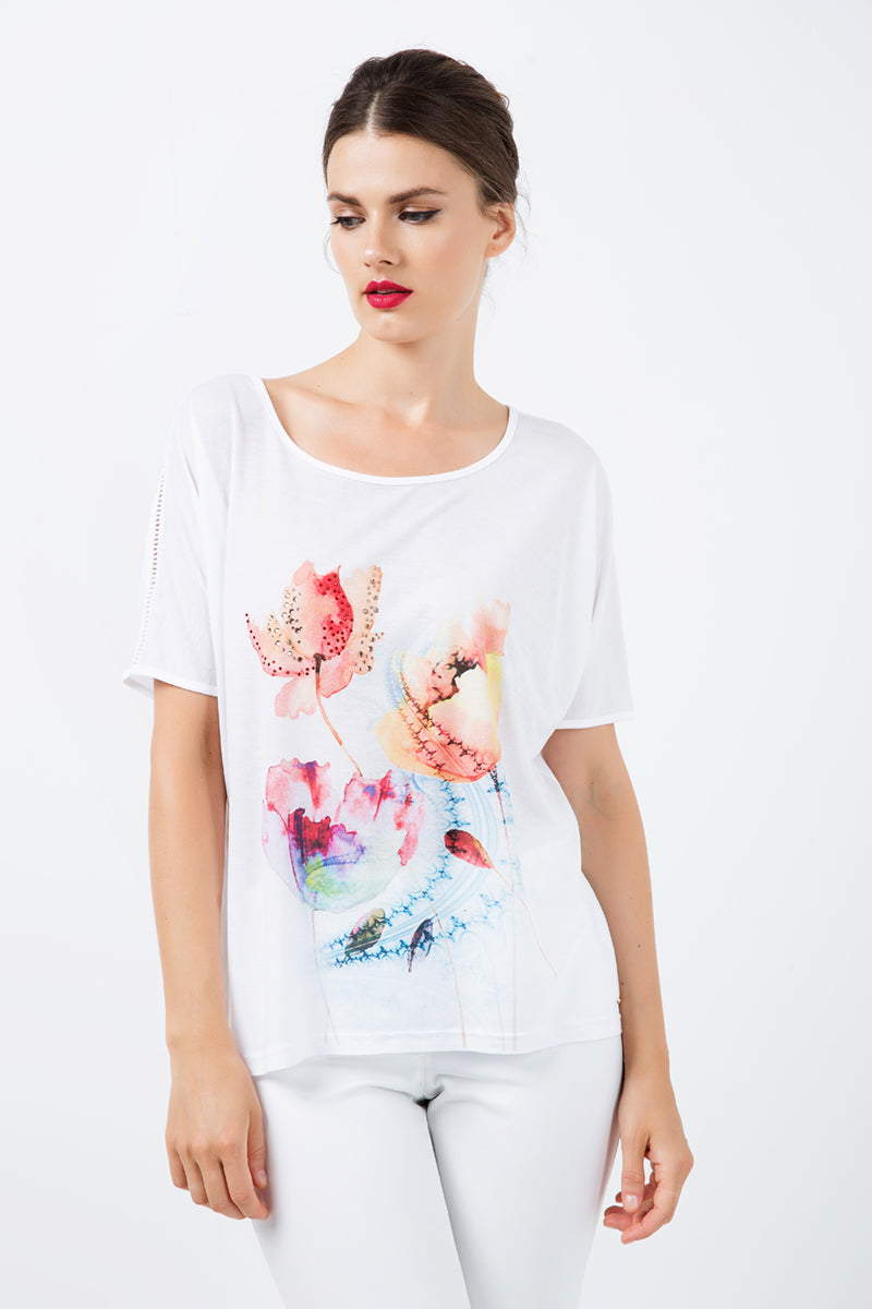 Top blanco de jersey con estampado multicolor