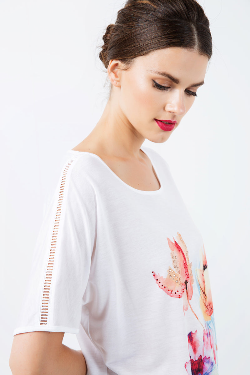 White Jersey Top With Multicoloured Print