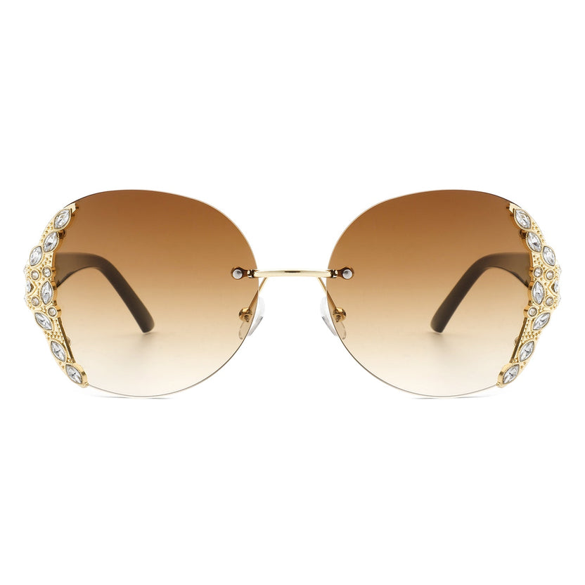 Jadeisle - Women Oval Rimless Rhinestone Design Round Oversize Sunglasses