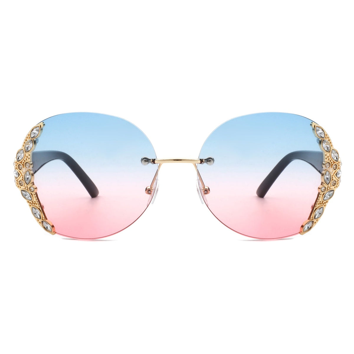 Jadeisle - Women Oval Rimless Rhinestone Design Round Oversize Sunglasses