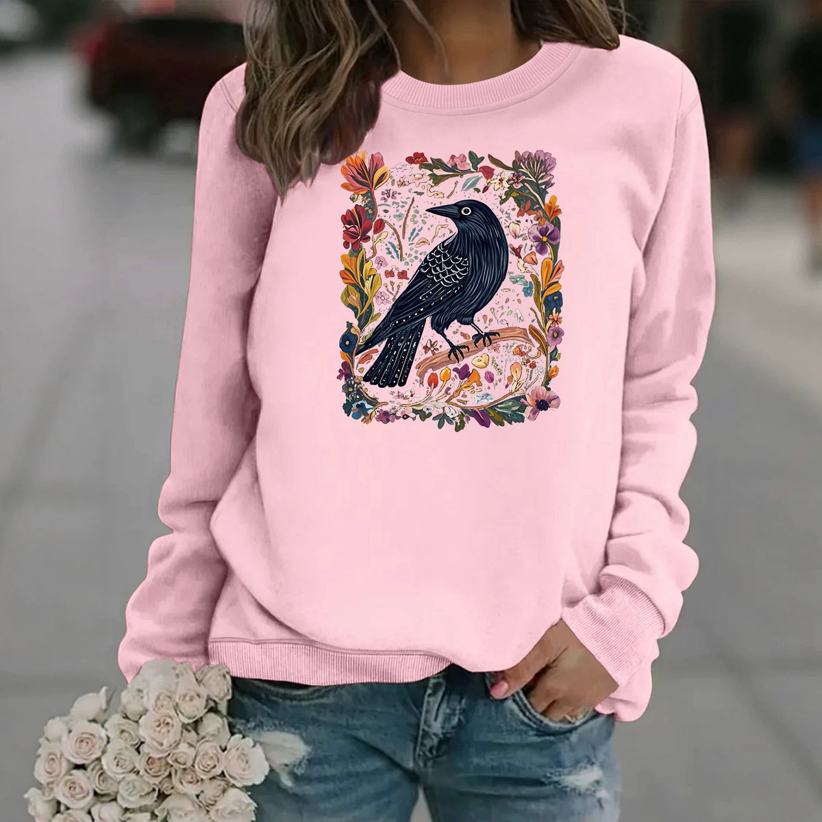 Crow print round neck fleece hoodie