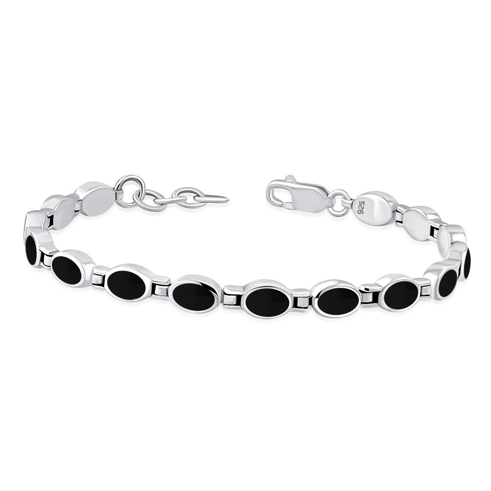 Black Onyx Oval Links Silver Bracelet