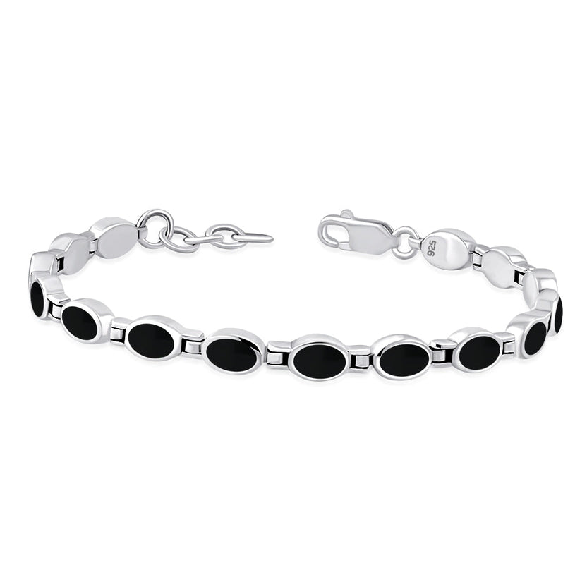 Black Onyx Oval Links Silver Bracelet