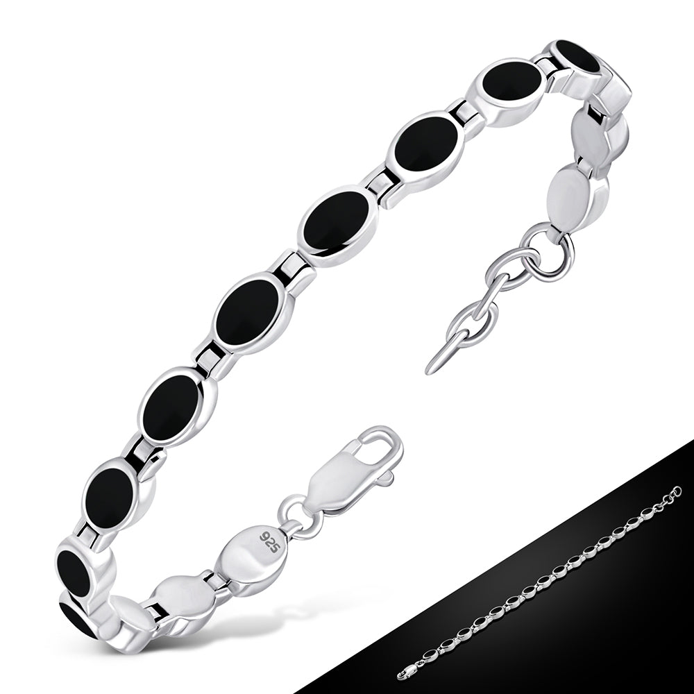 Pulsera de eslabones ovalados de ónice negro y plata