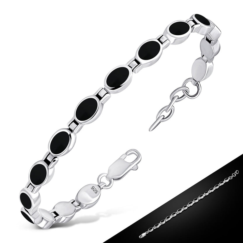 Black Onyx Oval Links Silver Bracelet