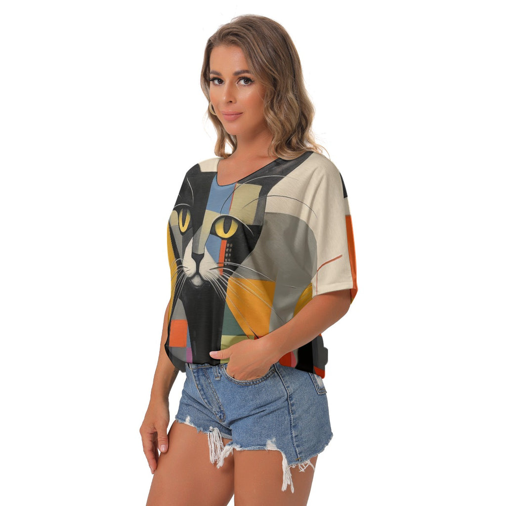 Women's Cat-Themed Bat Sleeves V-Neck Blouse
