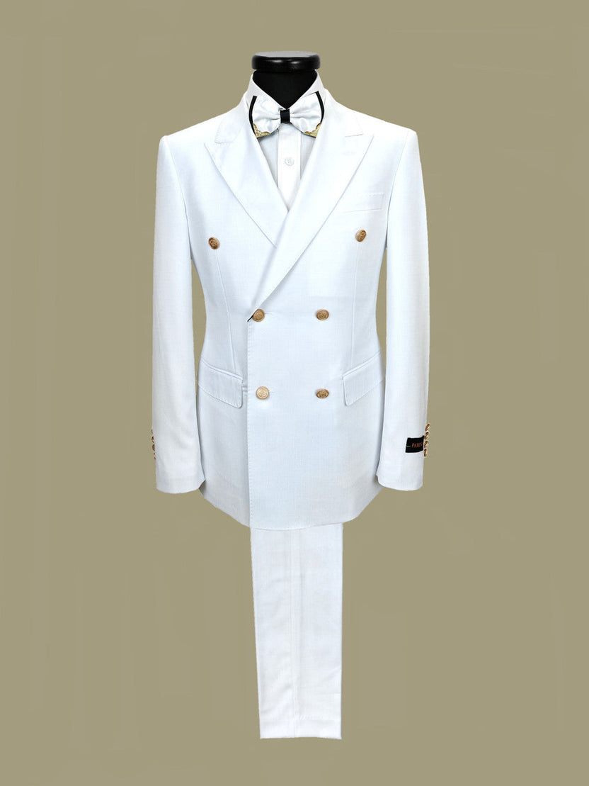 Men’s Slim Fit White Double-Breasted Wool-Blend Suit With Gold Buttons