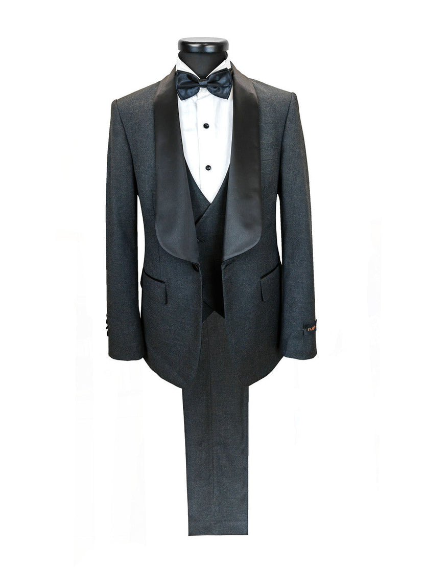 Men’s Slim Fit Wool-Blend Tuxedo With Satin Shawl Lapels – Charcoal