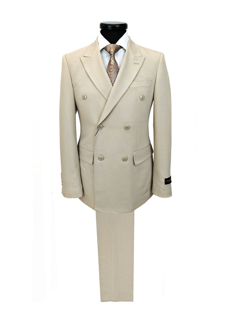 Beige Double-Breasted Slim Fit Suit
