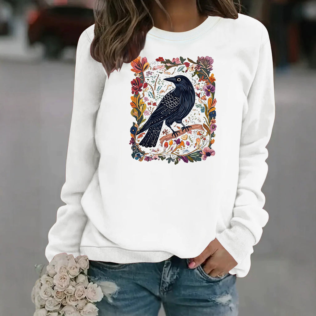 Crow print round neck fleece hoodie