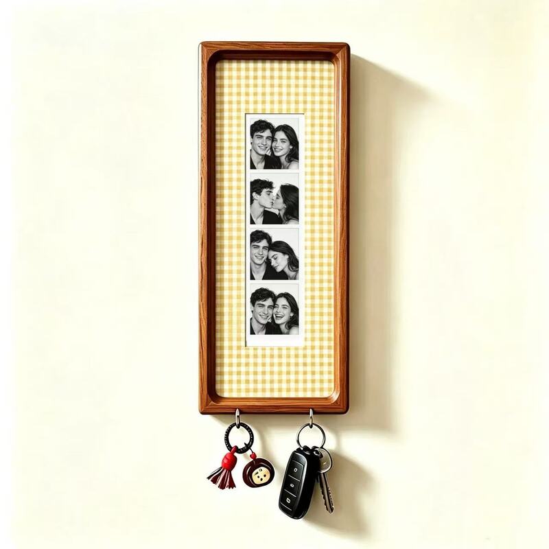Cadre photo en bois pour couple avec porte-clés – Cadre photo mural, porte-clés à rayures vintage, cadeau d'anniversaire