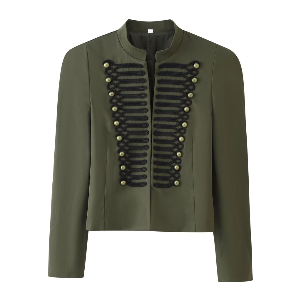 Embroidered knot button decoration long sleeved stand up collar jacket for women