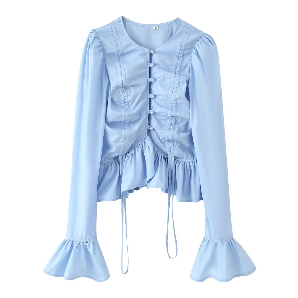 Lotus leaf edge splicing decoration drawstring flared sleeve shirt for women