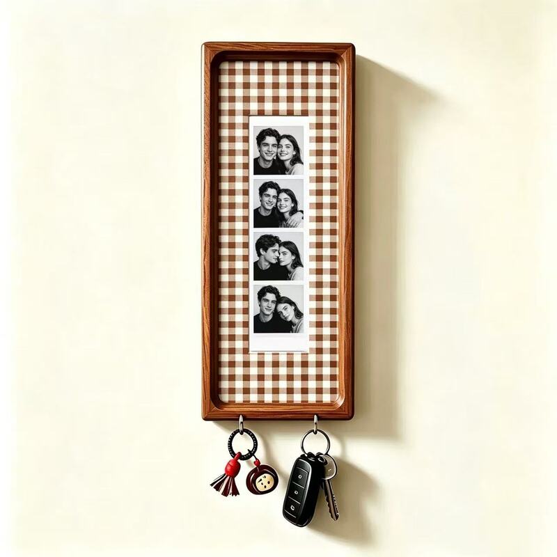 Cadre photo en bois pour couple avec porte-clés – Cadre photo mural, porte-clés à rayures vintage, cadeau d'anniversaire