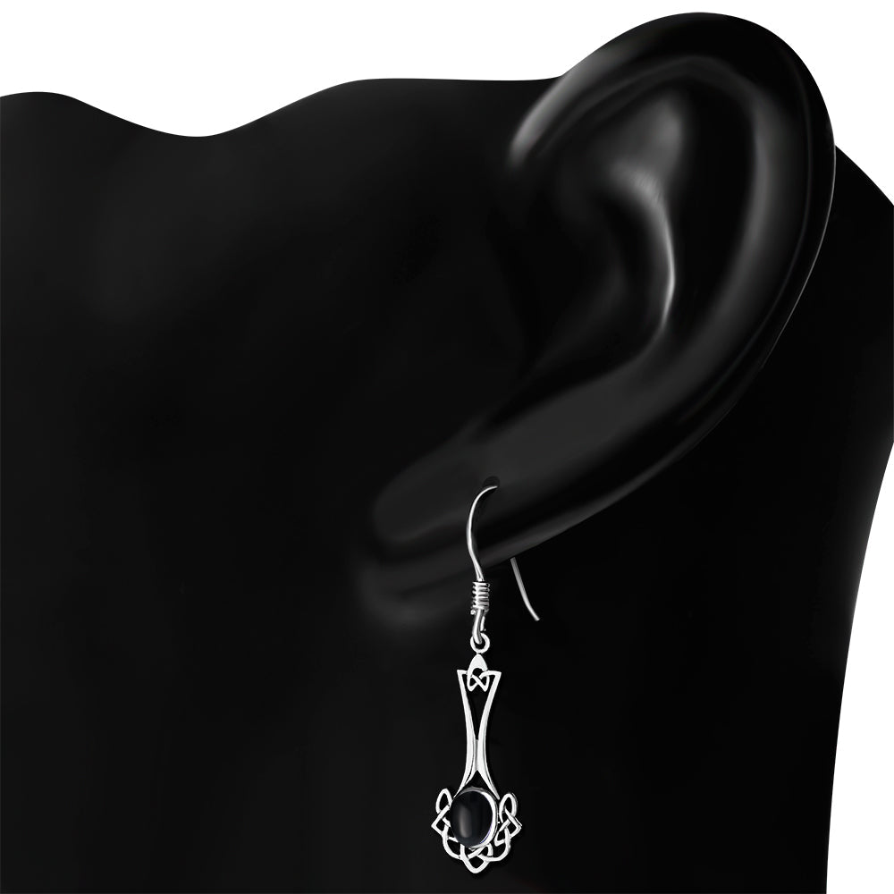 Black Onyx Long Celtic Knot Silver Earring Set