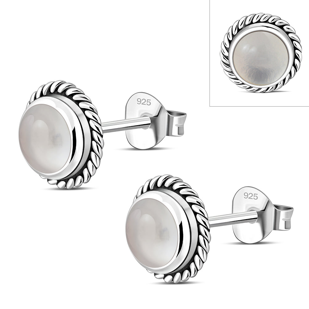 Pendientes de plata con piedra redonda de cuarzo rosa